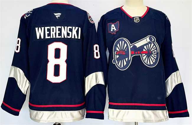 Mens Columbus Blue Jackets #8 Zach Werenski Navy 2024-25 With A Patch Stitched Jersey